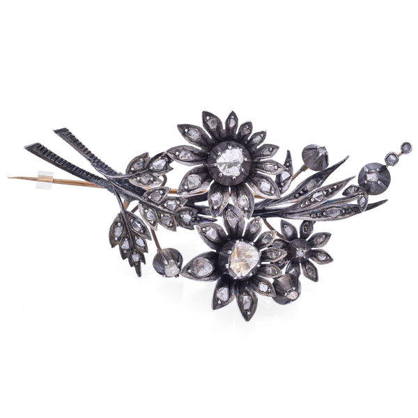 Antique Silver Rose Cut Diamond Victorian Tremblant Flower Brooch Pin