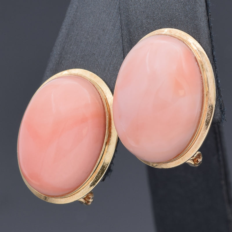 Vintage 14K Yellow Gold Angel Skin Coral Oval Cabochon Omega-Back Earrings