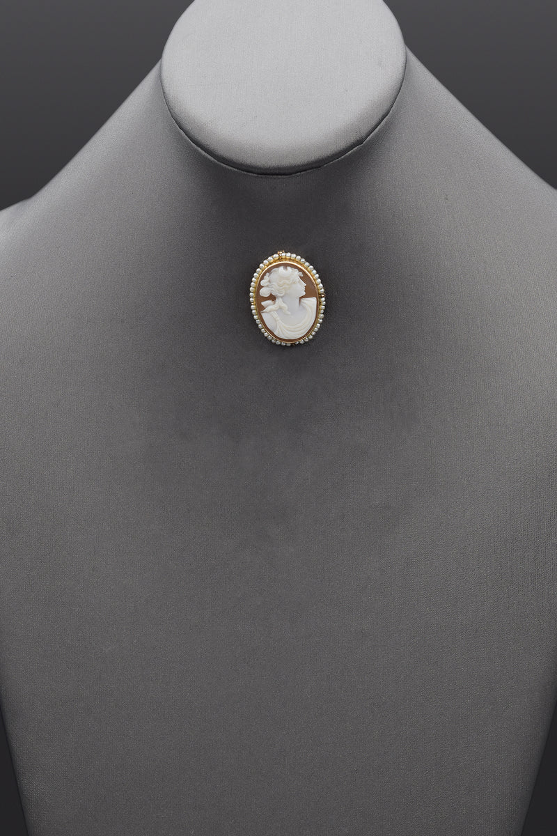 Antique 10K Yellow Gold Cameo Shell & Pearl Oval Brooch Pin Pendant