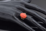 Vintage 14K Yellow Gold Red Coral Filigree Cocktail Ring 6.3 Grams Size 6.25