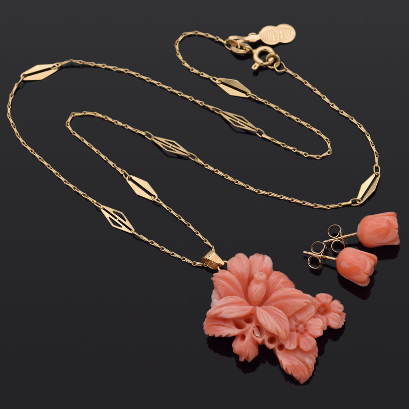 Carved Salmon Coral 14K Gold Earrings & GF Pendant + UnoAErre 18K Chain Necklace