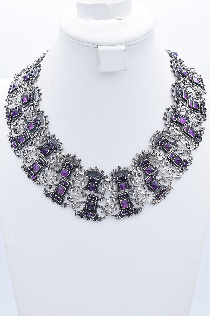 Vintage Mexico Sterling Silver Amethyst Chunky Chain Collar Necklace