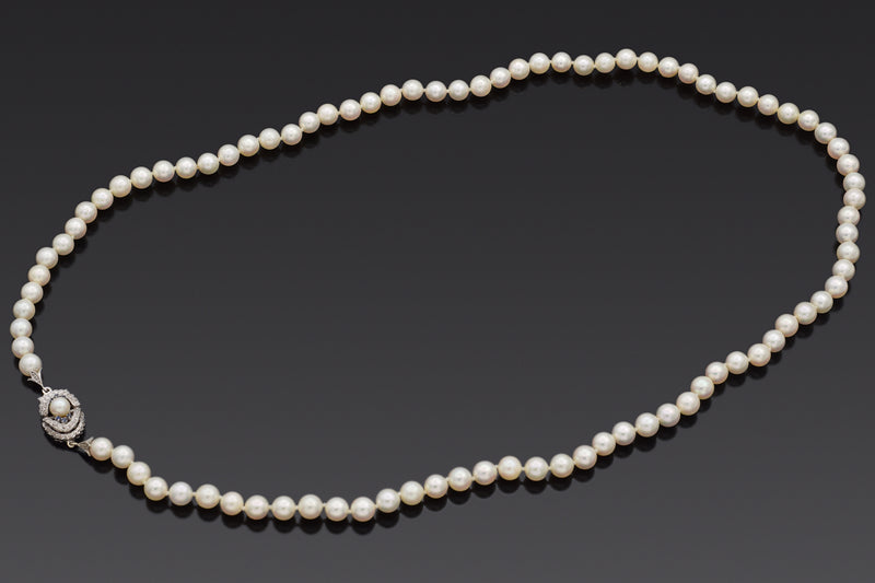 Vintage 18K White Gold 6-7.5 mm Pearl & Sapphire Beaded Strand Necklace 29"