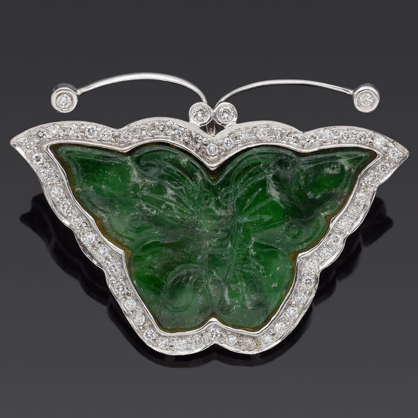 Estate 18K White Gold Green Jade & 0.44 TCW Diamond Carved Butterfly Brooch Pin