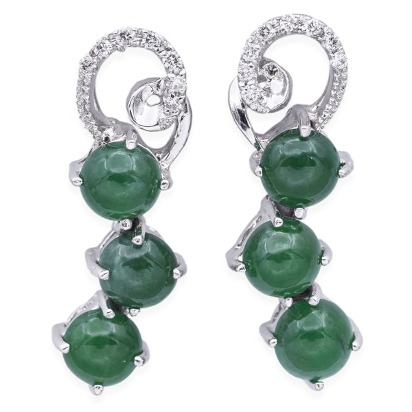 Estate 9K White Gold Green Jade & Diamond Drop Earrings
