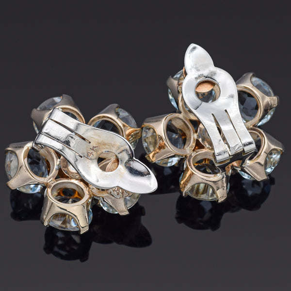 Vintage 14K Yellow White Gold Aquamarine & Blue Topaz Floral Clip-On Earrings