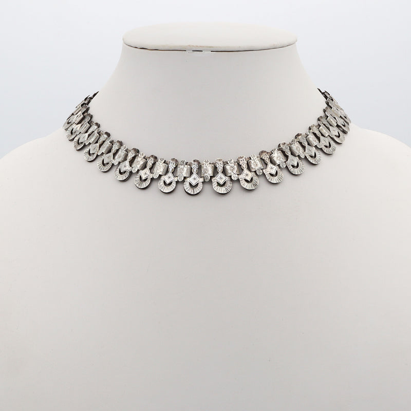 Antique Victorian Etched Silver Bib Necklace 18 Inches