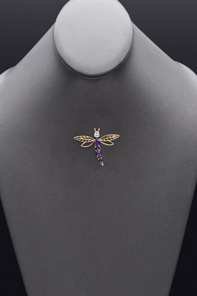 Estate MB Signed 14K Yellow Gold Amethyst & Blue Topaz Dragonfly Brooch Pin
