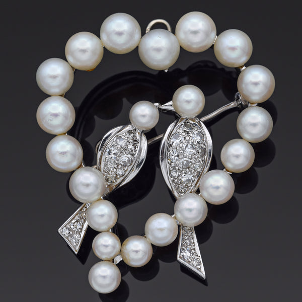 Vintage Pearl & 0.68 TCW Diamond 14K Gold Love Birds Heart Brooch Pin Pendant