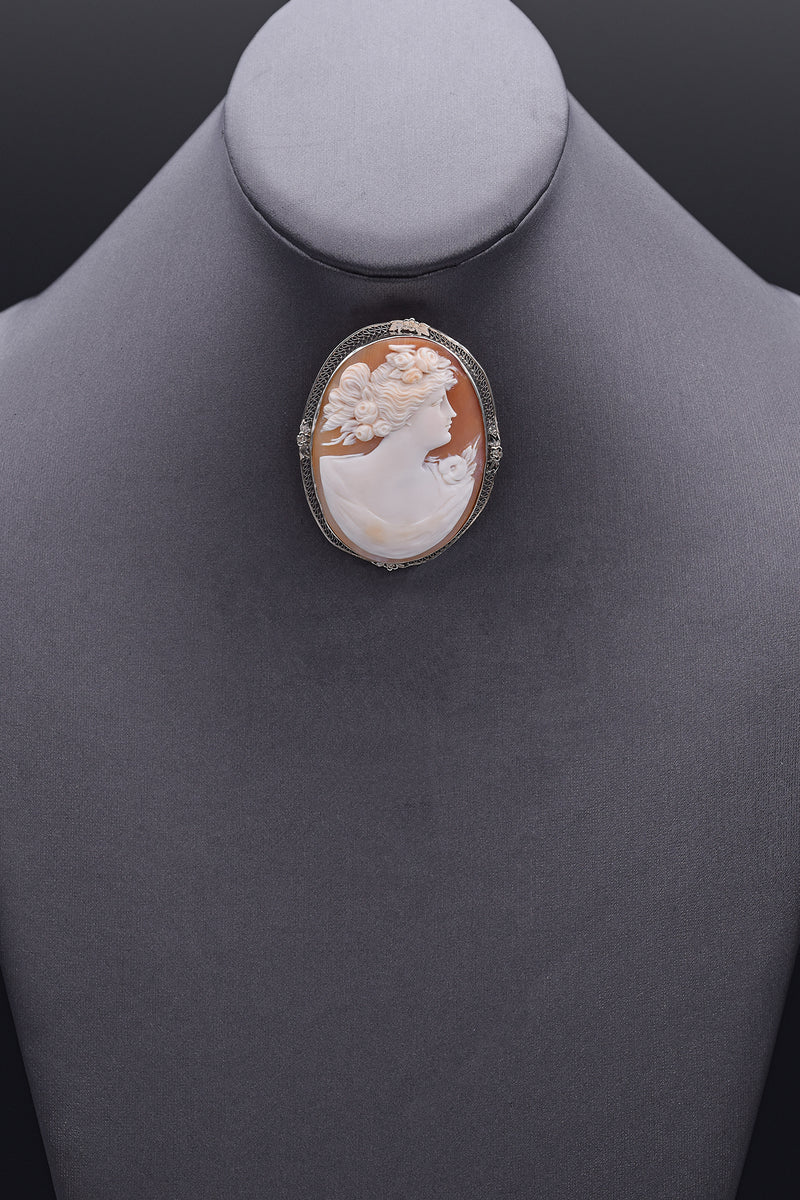 Antique 14K White Gold Cameo Shell Brooch Pin Pendant 54.70 x 43 mm