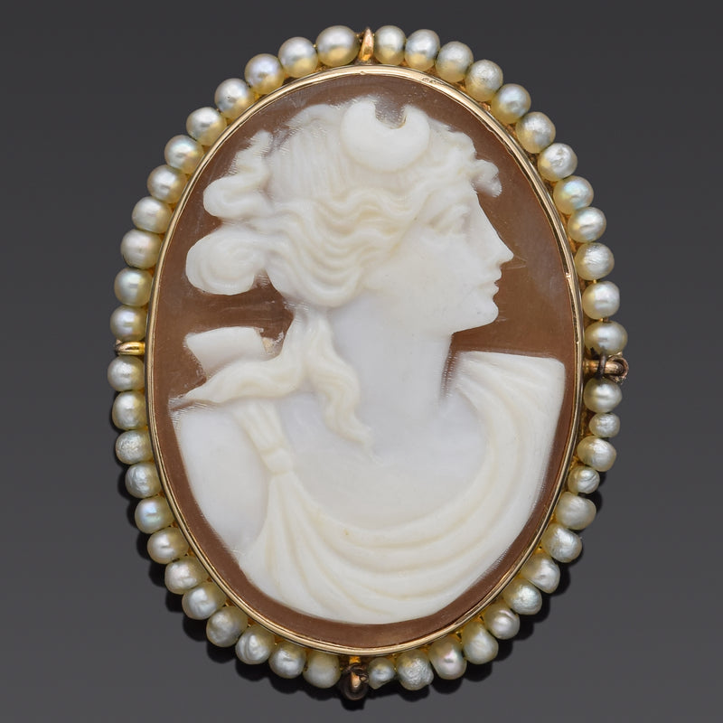 Antique 10K Yellow Gold Cameo Shell & Pearl Oval Brooch Pin Pendant