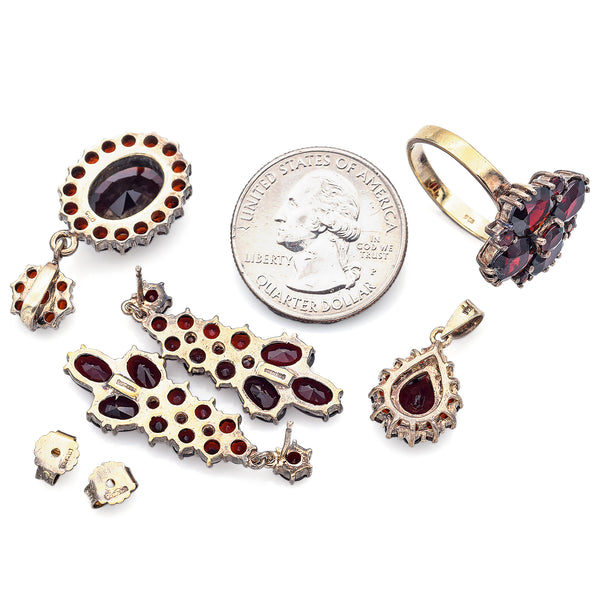 Vintage Sterling Silver Garnet Necklace, Pendants, Ring & Earrings Set Size 8