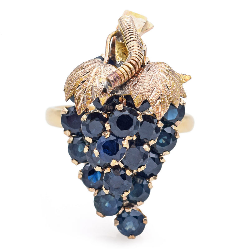 Vintage 14K Yellow Gold Sapphire Grape Cluster Cocktail Ring Size 6.5