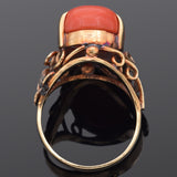 Vintage 14K Yellow Gold Red Coral Filigree Cocktail Ring 6.3 Grams Size 6.25