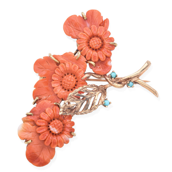 Vintage Yellow Gold Red Coral & Turquoise Carved Floral Brooch Pin