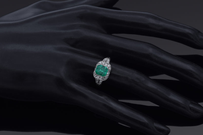GIA Antique Art Deco 1.51 Ct Emerald & 0.52 TCW Diamond Platinum Ring Size 6.5