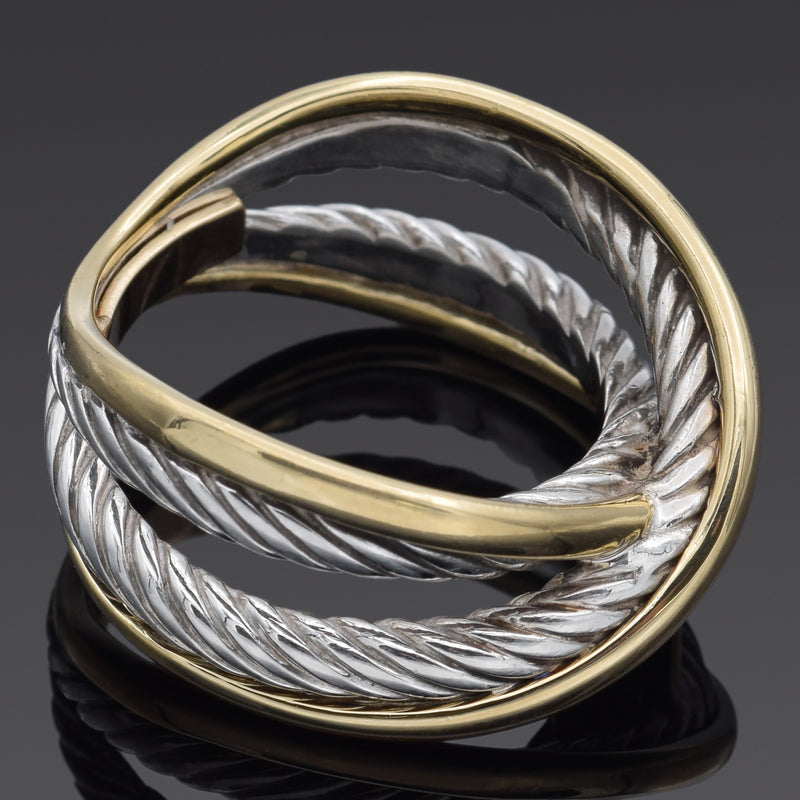 David Yurman Sterling Silver & 18K Yellow Gold X Crossover Ring Size 6.5 Pouch