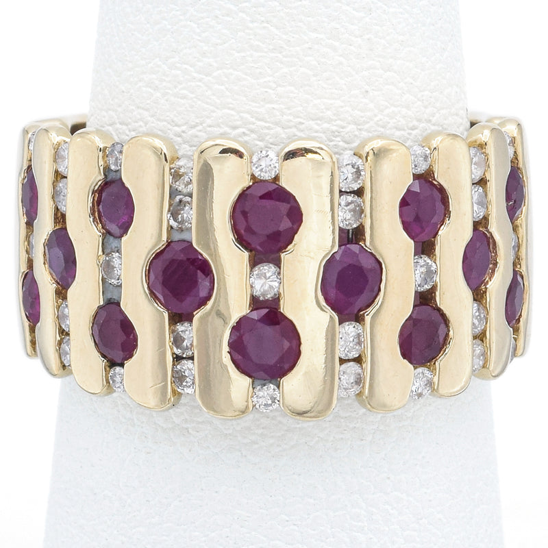 Vintage 14K Yellow Gold Ruby & 0.62 TCW Diamond Wide Band Ring Size 7