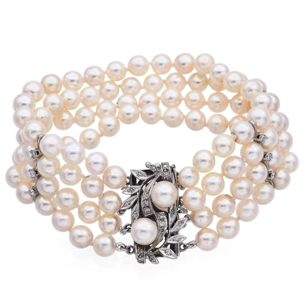 Vintage 14K White Gold Pearl & Diamond Multi-Strand Bracelet