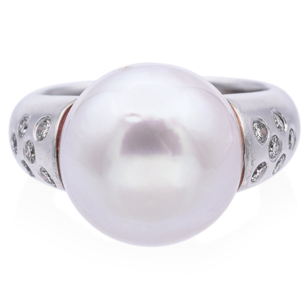 Estate 14K White Gold Pearl & Diamond Cocktail Ring Size 8.25