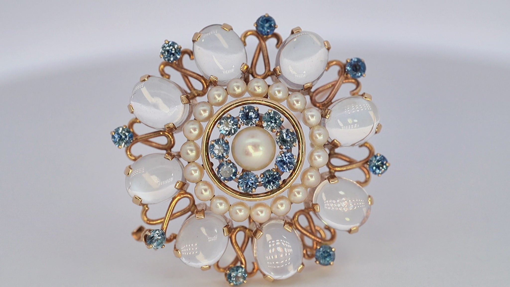Vintage 14k Yellow Gold Moonstone Sapphire and Pearl Brooch Pendant