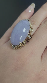 Vintage 14K Yellow Gold 21.56 Ct. Lavender Jade & Diamond Cocktail Ring Size 7