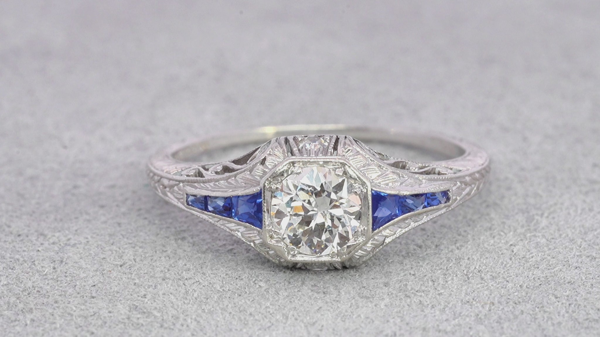 Antique Platinum 0.52ct Diamond and Sapphire Engagement Ring