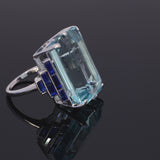 Vintage Retro Platinum 27ct Aquamarine and Sapphire Cocktail Ring