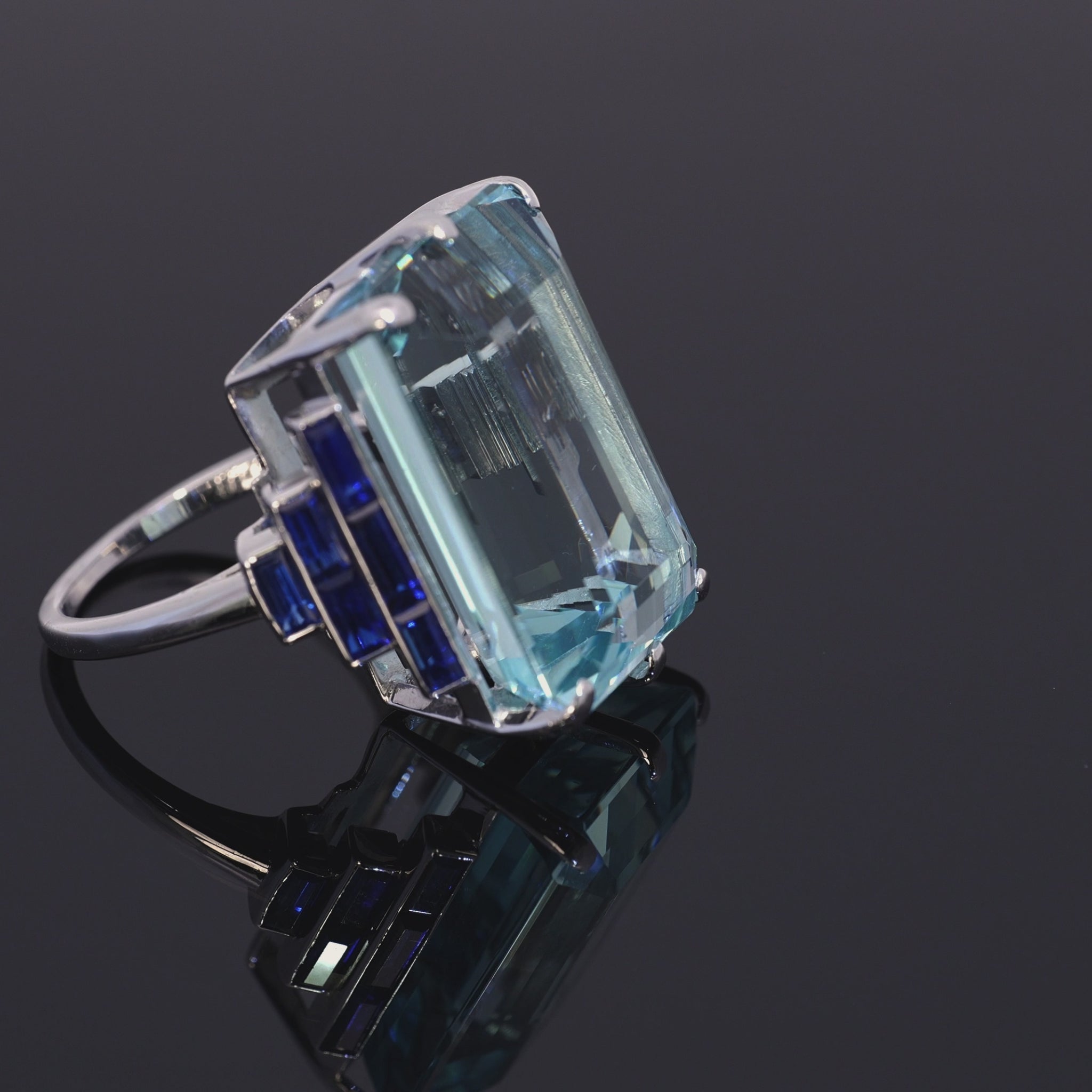 Vintage Retro Platinum 27ct Aquamarine and Sapphire Cocktail Ring