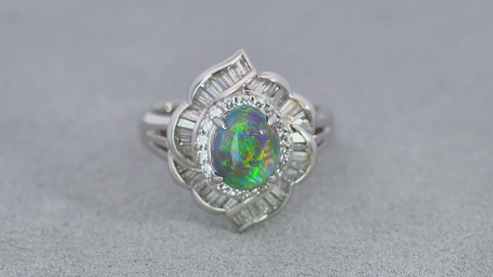 Vintage Platinum 1.15ct B4 Black Crystal Opal and Diamond Statement Ring