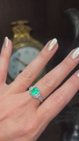 GIA Antique Art Deco 1.51 Ct Emerald & 0.52 TCW Diamond Platinum Ring Size 6.5