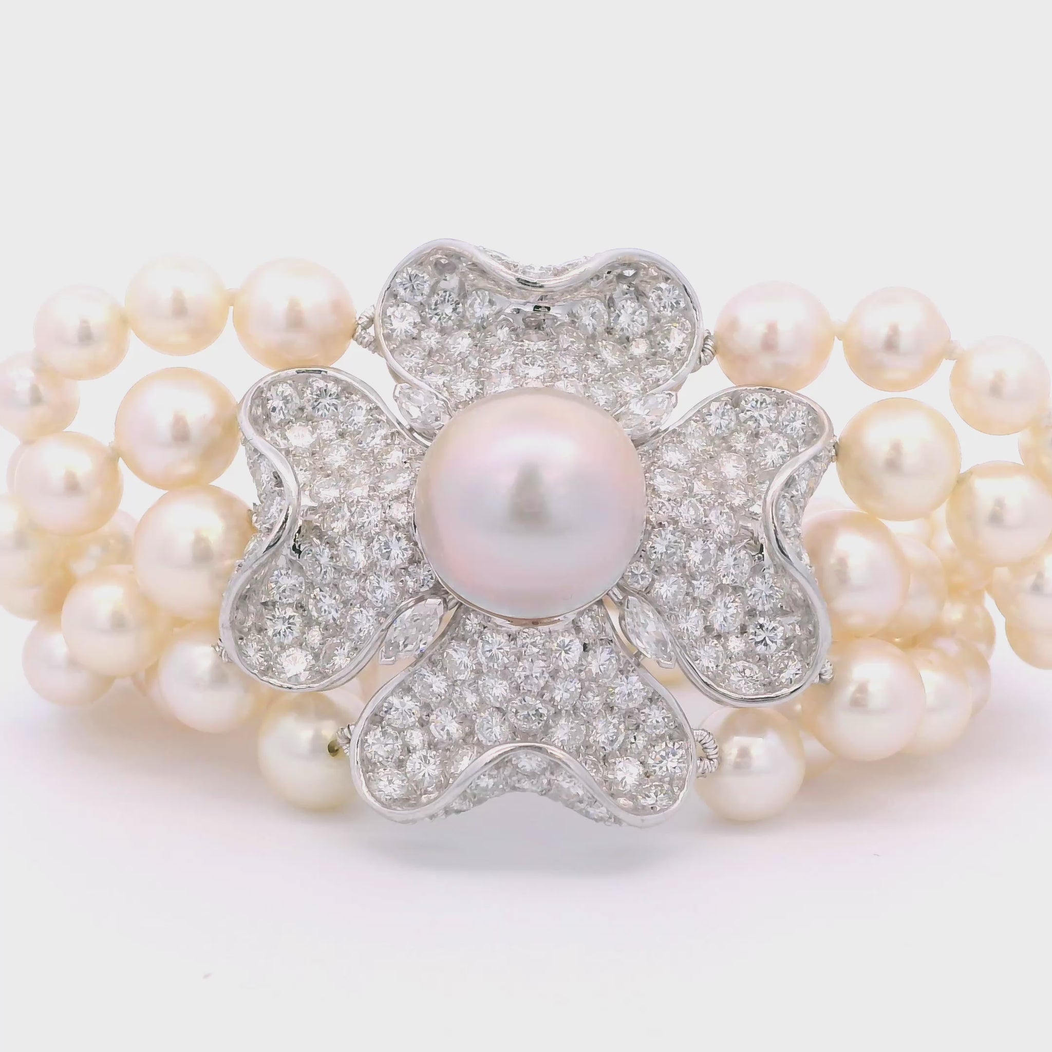 Vintage Platinum Diamond Flower Five Strand Graduated Pearl Bracelet