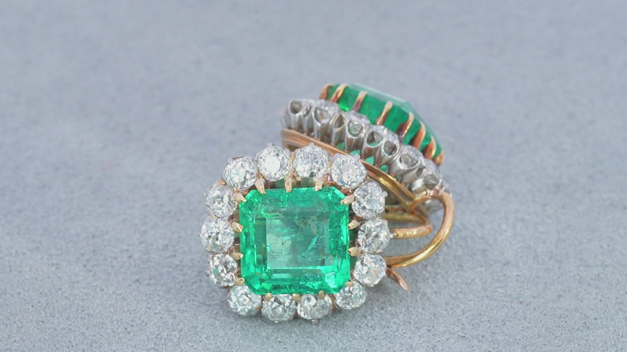 Antique 18k Yellow Gold & Platinum GIA Colombian Emerald & Diamond Earrings