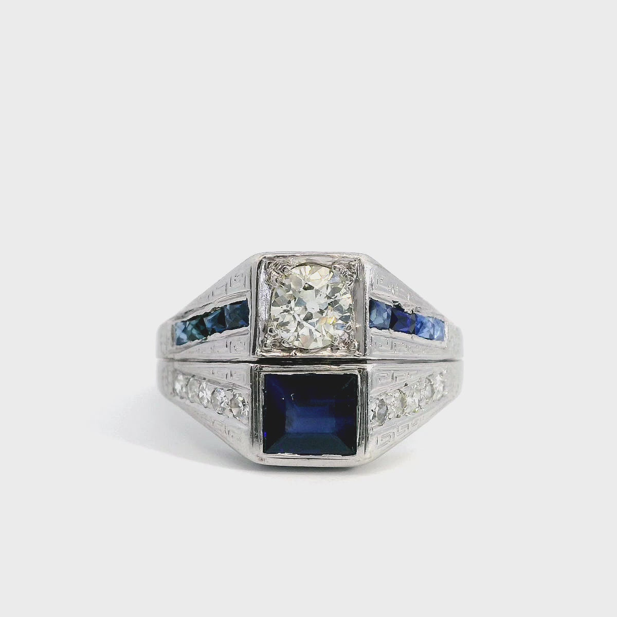 Art Deco 14k White Gold Diamond and Lab Sapphire Ring