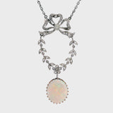 Antique Edwardian Platinum & Gold Bow Motif Diamond & Opal Drop Pendant Necklace