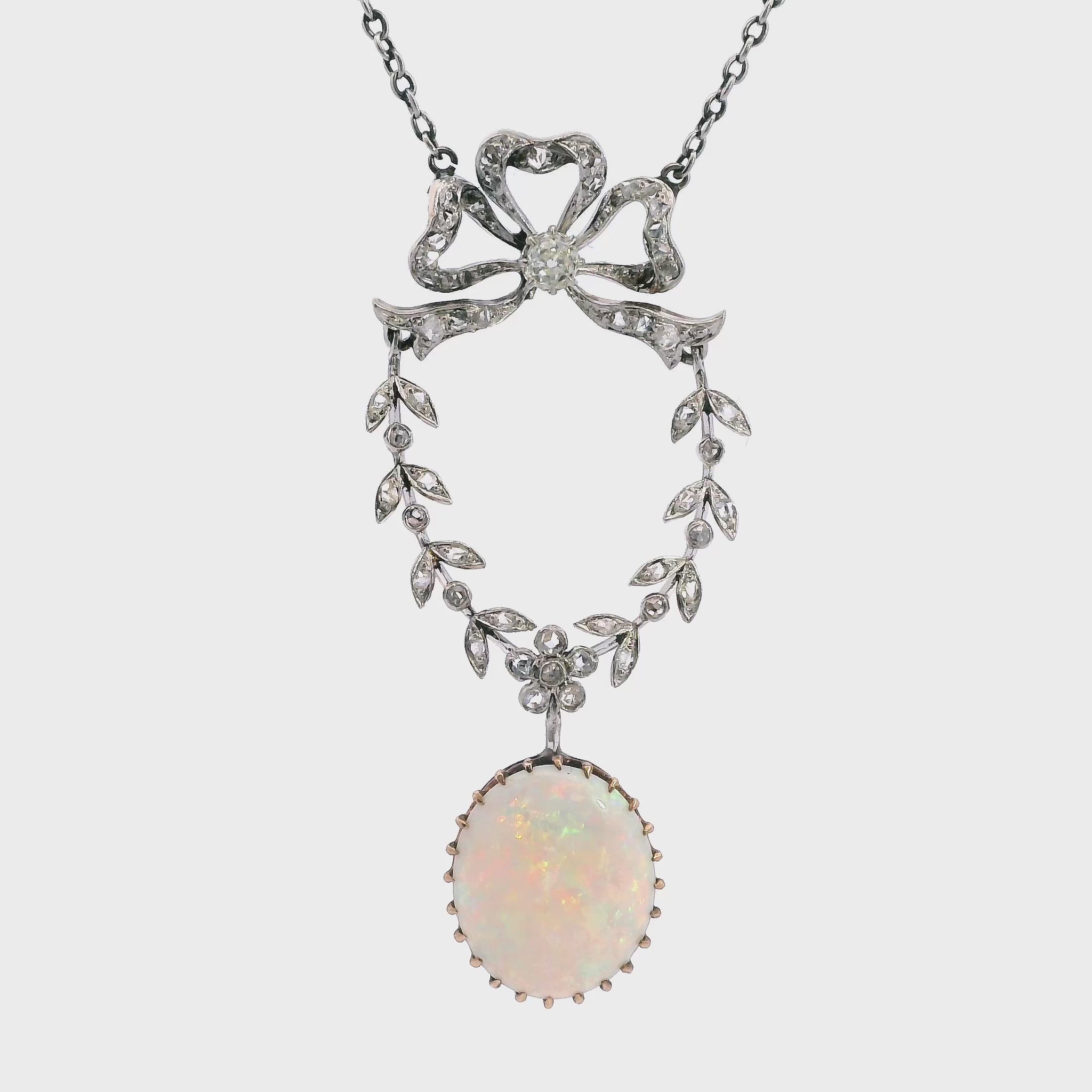 Antique Edwardian Platinum & Gold Bow Motif Diamond & Opal Drop Pendant Necklace