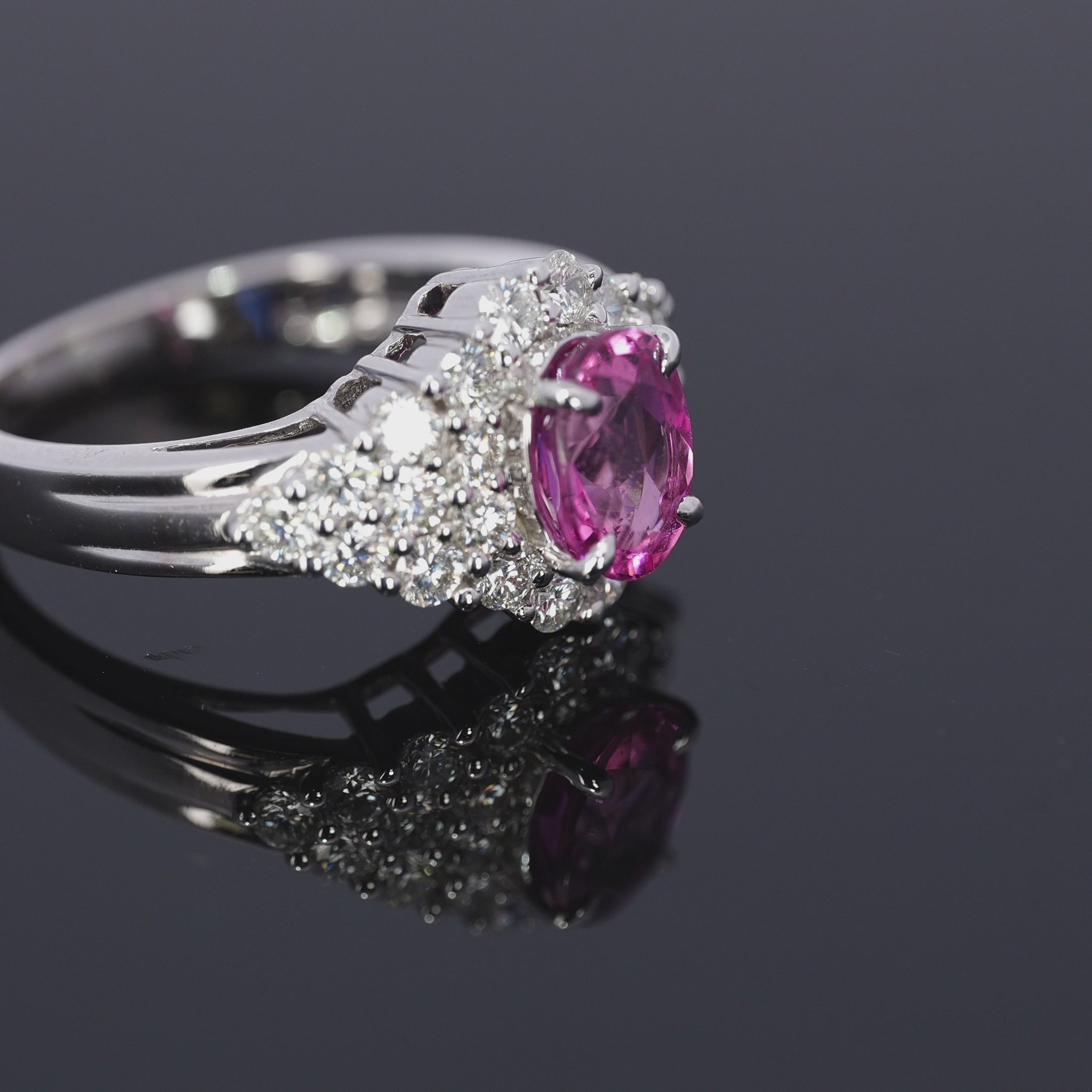 14k White Gold Rubellite Tourmaline and Diamond Pave Ring