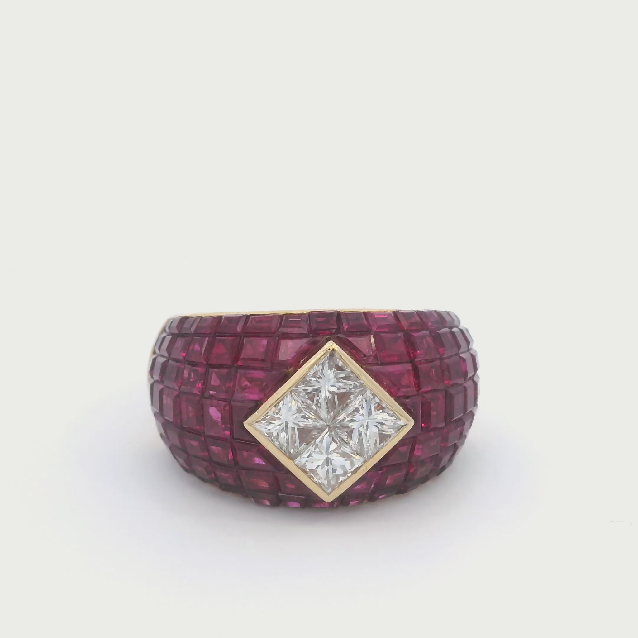 Vintage 18k Yellow Gold Invisible-Set Ruby and Diamond Statement Ring
