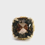 18k Yellow Gold Bamboo 40ct Smoky Quartz and Diamond Cocktail Ring