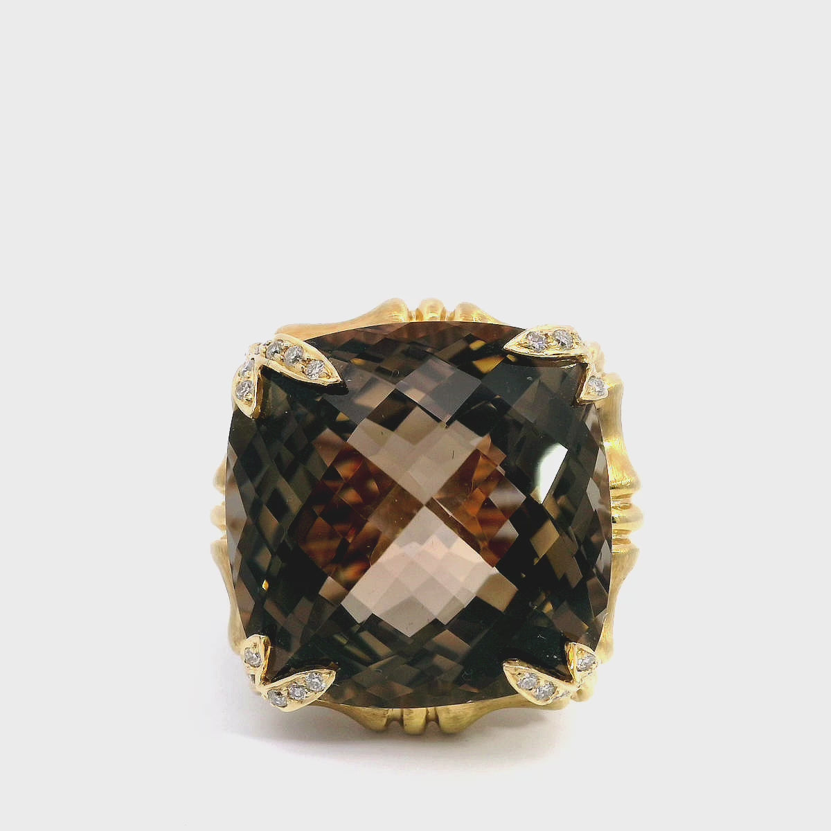 18k Yellow Gold Bamboo 40ct Smoky Quartz and Diamond Cocktail Ring