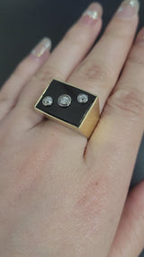 Antique 14K Yellow Gold Black Onyx & Old Euro Diamond Rectangle Signet Ring