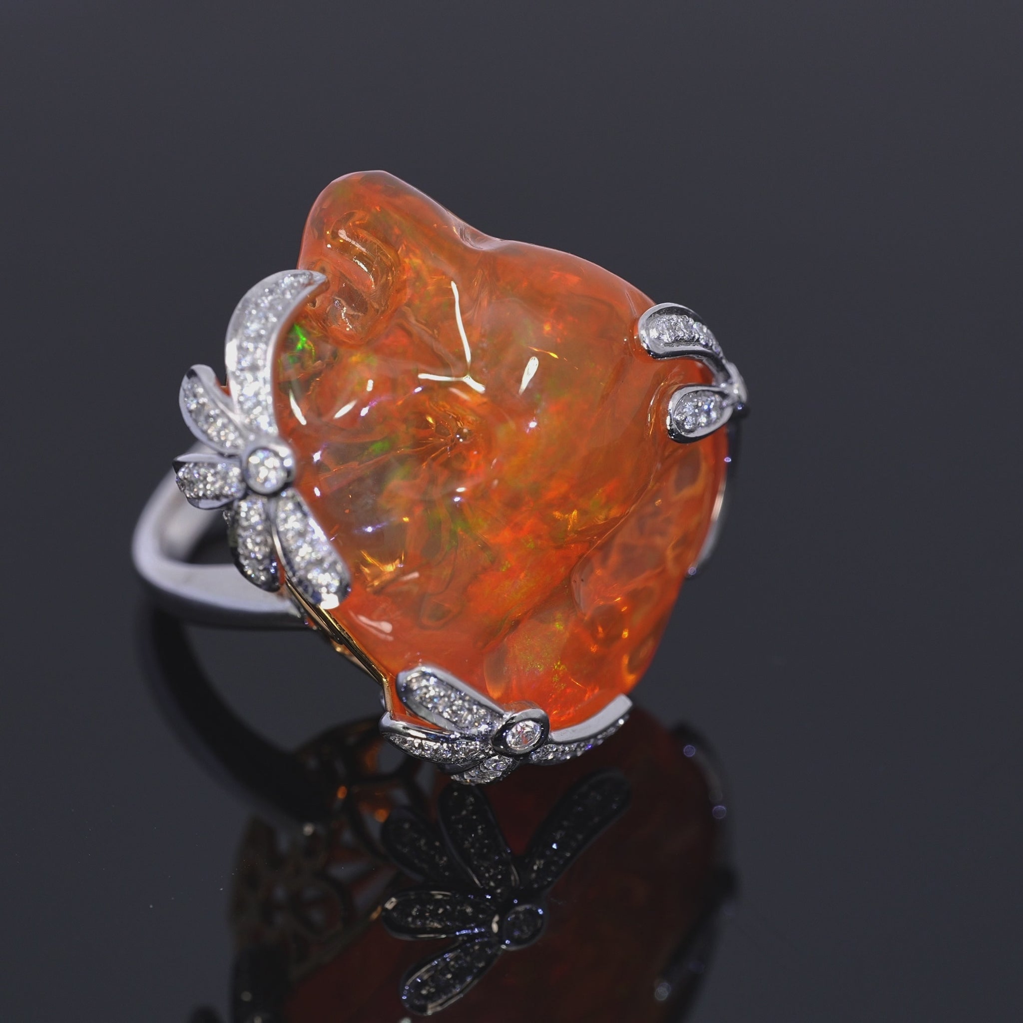 18k Two Tone Gold 26.76ct Fire Opal and Diamond Ring