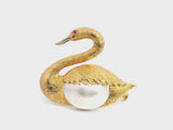 Vintage 18k Yellow Gold Mother of Pearl Swan With Ruby Eye Brooch