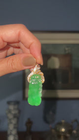 GIA 18K Gold Natural Translucent Green Grade A Jadeite Jade & Diamond Pendant