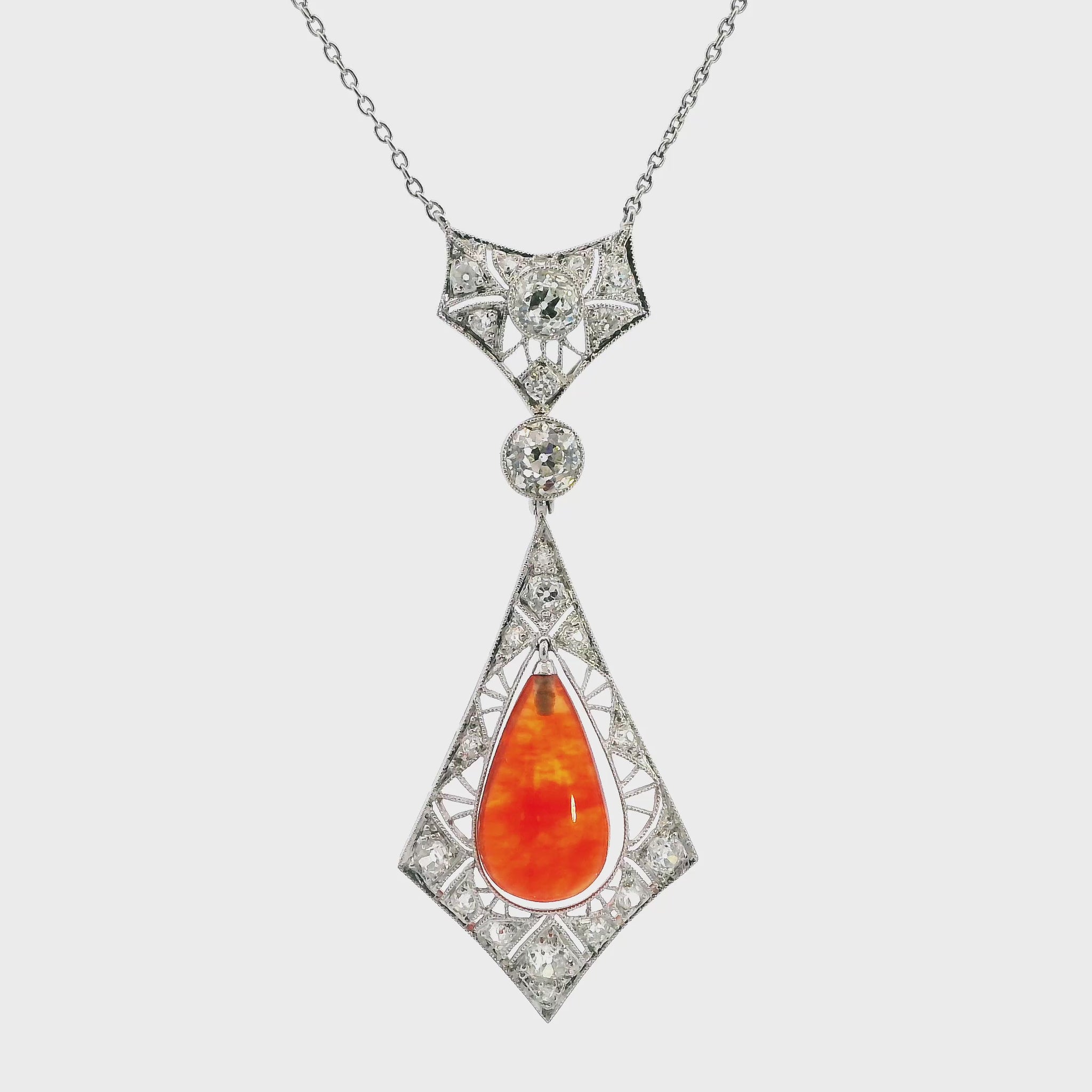 Art Deco Platinum Diamond and Fire Opal Teardrop Necklace
