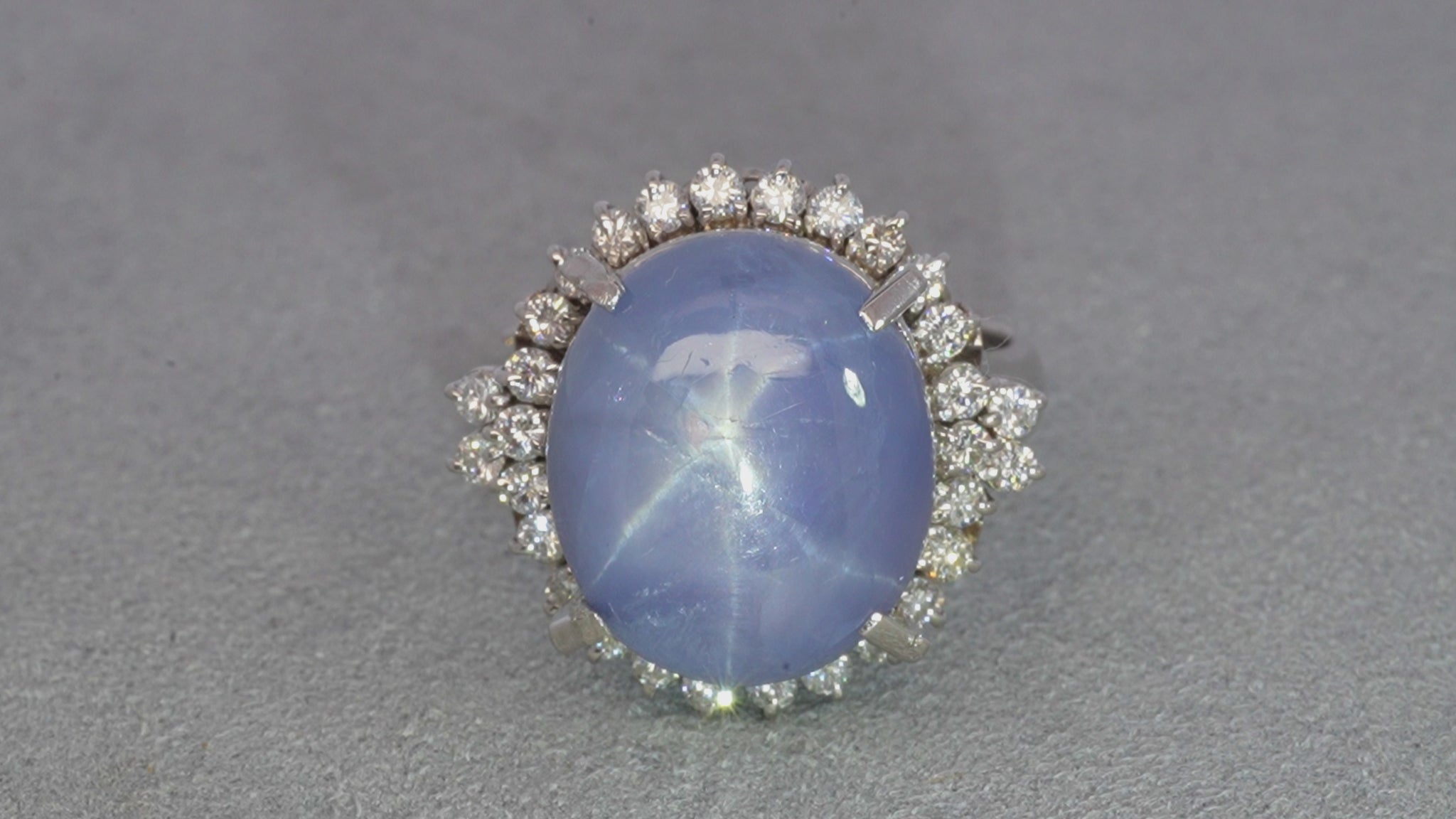 Vintage Platinum 12.82ct Star Sapphire and Diamond Halo Ring