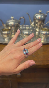 Vintage 18K White Gold 10.29 Ct Aquamarine, 1.40 TCW Ruby, 0.35 TCW Diamond Ring