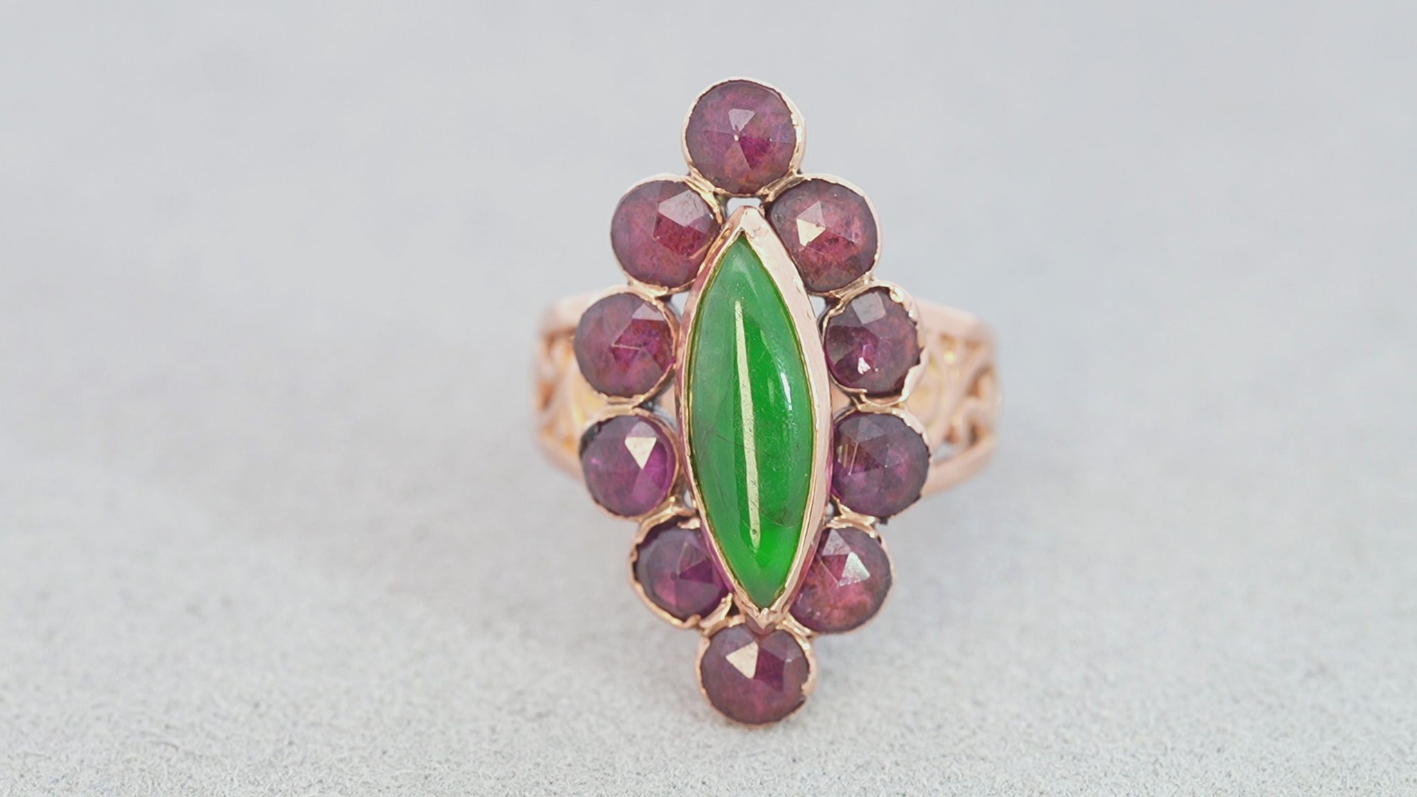 Antique Georgian 18k Yellow Gold Rose Cut Garnet and Jade Navette Ring