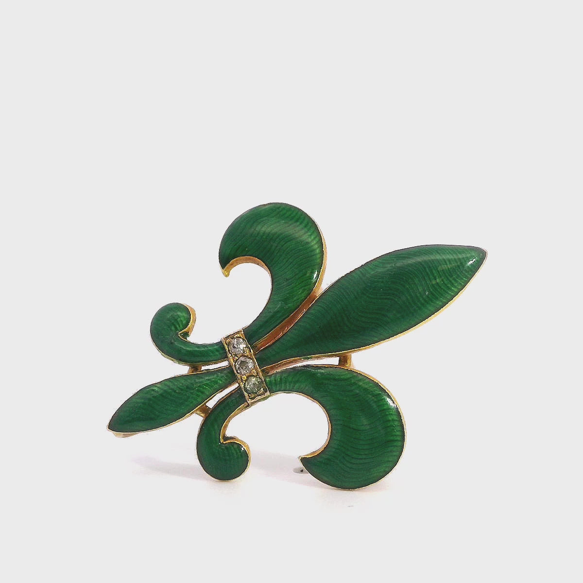 Antique 18k Yellow Gold Victorian Green Enamel Fleur De Lis Brooch