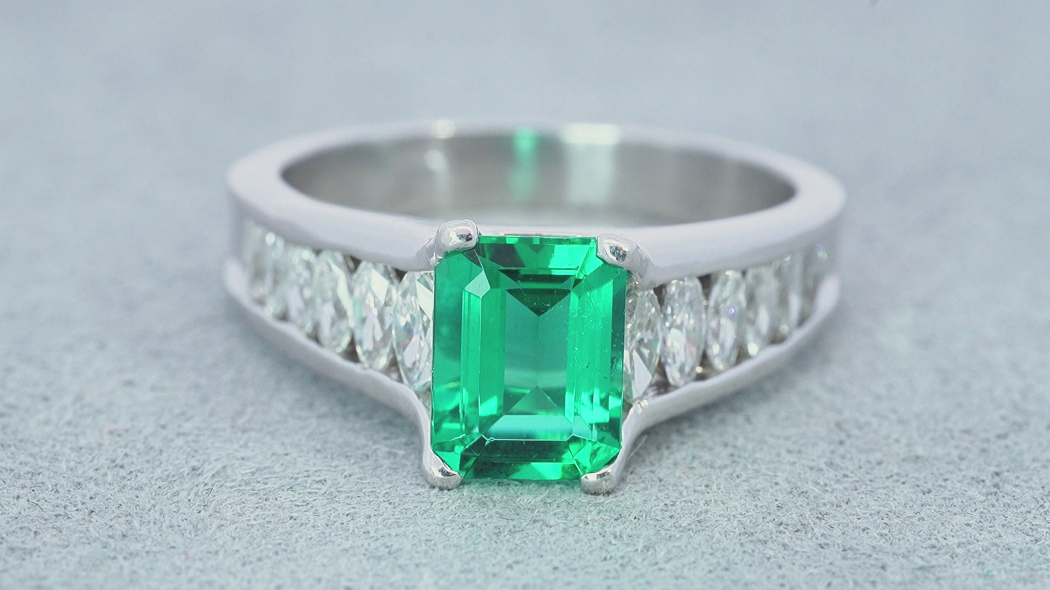Platinum GIA F1 1.80ct Zambian Emerald and Marquise Diamond Ring